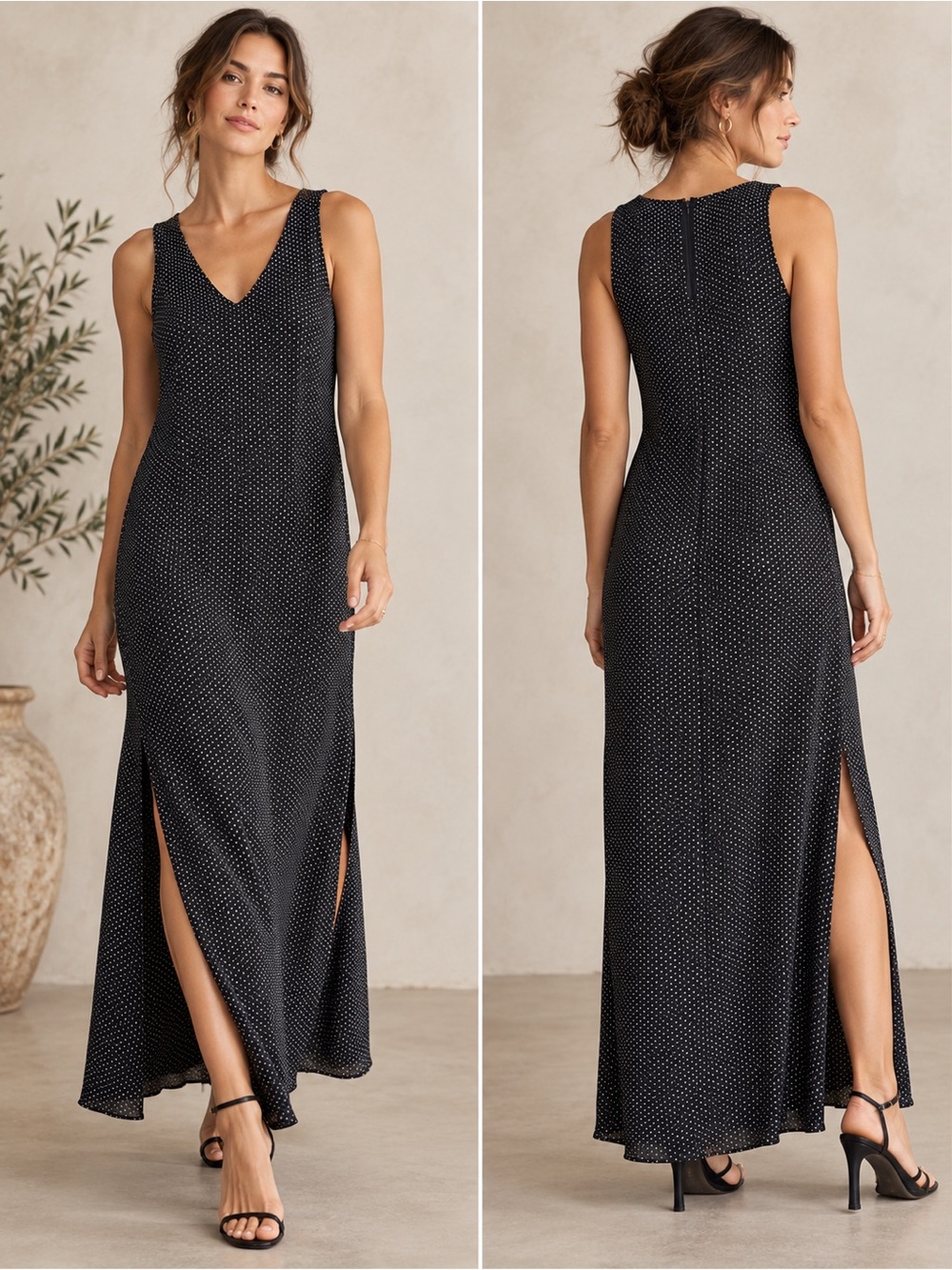 Blushe by Spiegel Black White Polka Dot V Neck Maxi Dress Sz 12 90's Minimalist